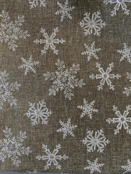 140x50 cm Zuschnitt Jute Stoff Schneeflocken Weißglitzer auf Natur
